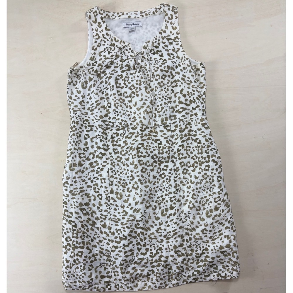 Tommy Bahama Linen Leopard Print Lace Up Shift Dress White Olive Green XL